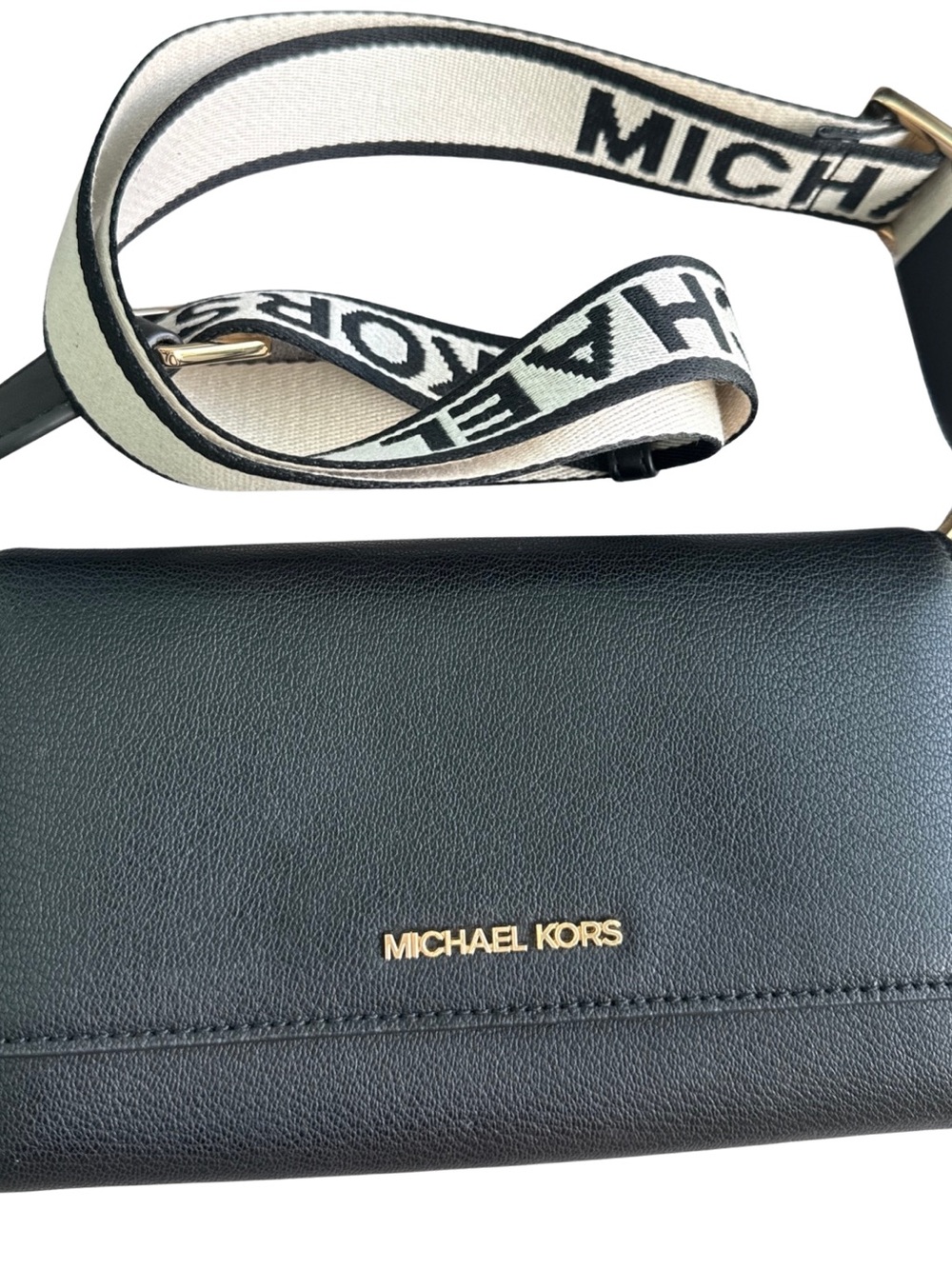 Michael Kors Black Jet Leather Crossbody with Cream Guitar Style Logo Strap.